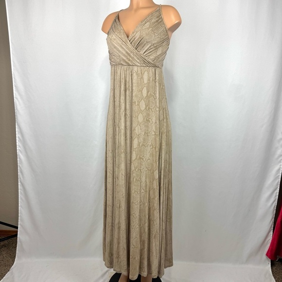 Max & Aaron Women’s Sz S Tan Snake Print Maxi Dress V Neck Soft Jersey Knit Boho - Picture 1 of 14
